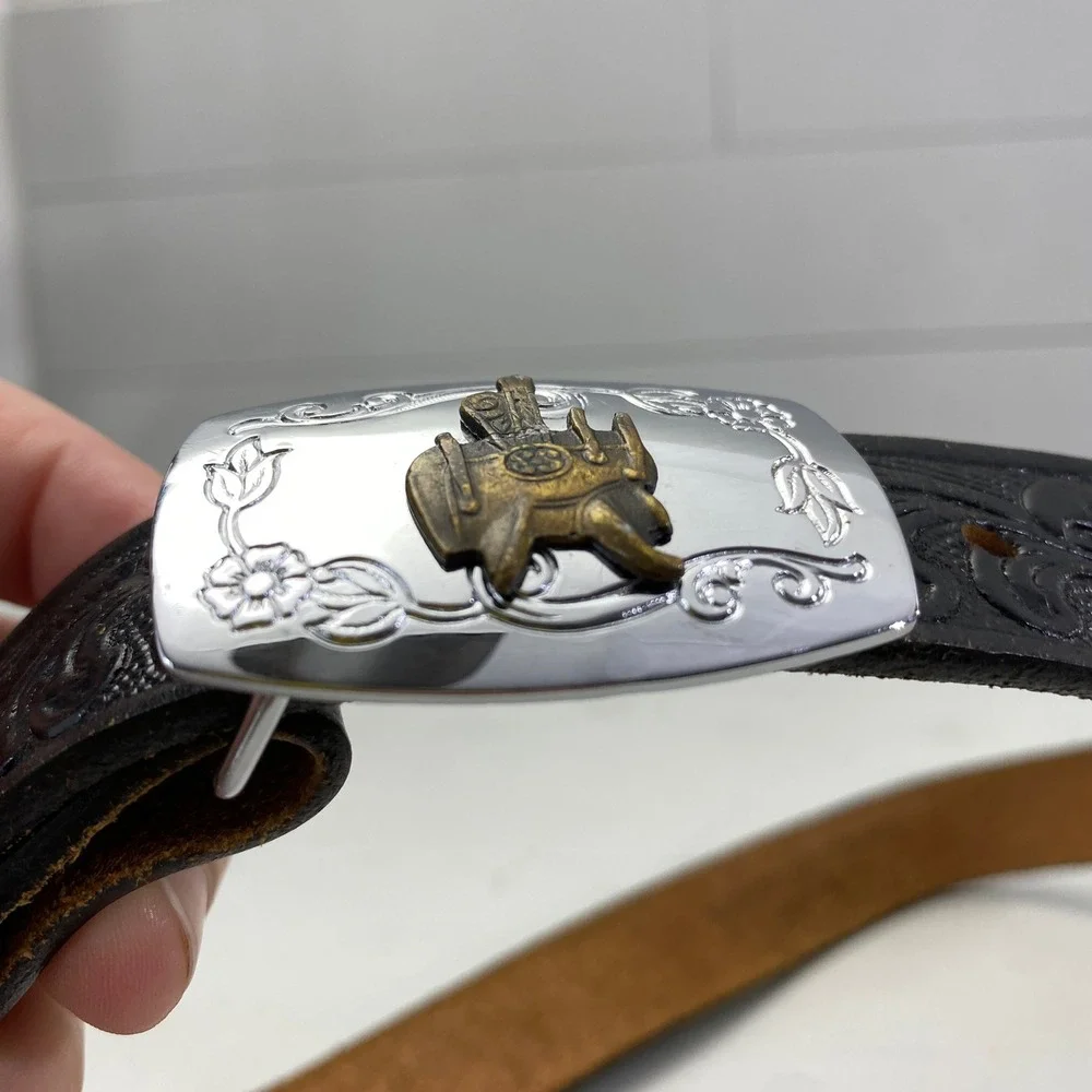 Justin Western Floral Tooled Leather Belt Kids Size 24 Black Cowboy Buckle vtg